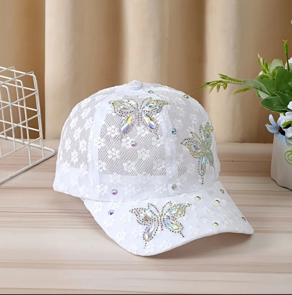 White Floral Pattern Mesh Baseball Hat with Rhinestone Butterflies